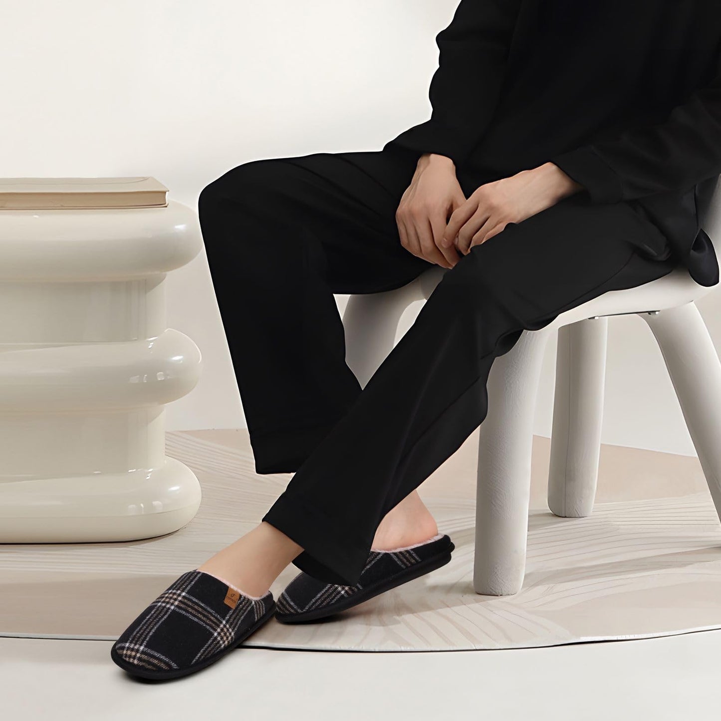 COFACE Mens Black Flano Plaid Cozy Memory Foam scuff Slippers Slip On Warm House Shoes Indoor/Outdoor With Best Arch Support Size 11