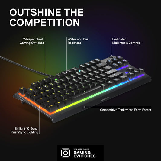 SteelSeries Apex 3 TKL RGB Gaming Keyboard – Tenkeyless Compact Form Factor - 8-Zone RGB Illumination – IP32 Water & Dust Resistant – Whisper Quiet Gaming Switch – Gaming Grade Anti-Ghosting,Black