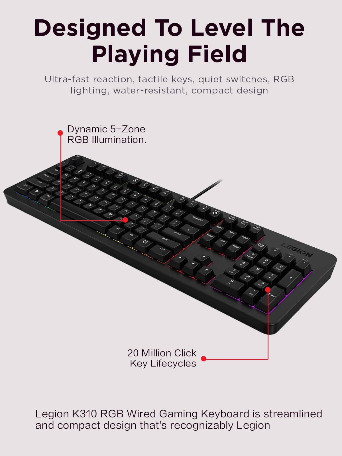 Lenovo Legion K310 RGB Wired Gaming Keyboard - Ultra-Fast Reaction Time with Tactile Keys, Quiet Key Membrane Switches, Silent Operation, RGB Illumination - Water Resistant & Compact Design