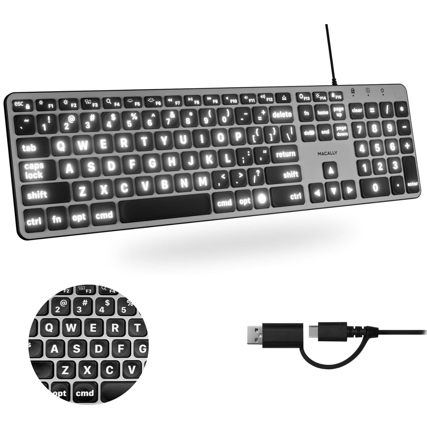 Macally Wired Keyboard for Mac (USB C + A) - Large Print and Backlit for Apple - 107 Key Full Size Large Letters USB C Keyboard for MacBook Pro/Air, Mac mini, iMac