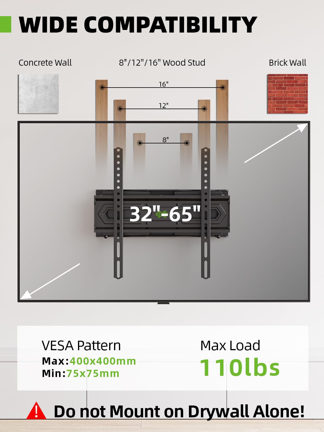 USX MOUNT TV Wall Mount for 32-65 inch Flat Screen/LED/4K up to 110lbs, Full Motion TV Mount Bracket with Swivel & Tilt Articulating Dual Arms, Max VESA 400x400mm, Fits 12/16" Wood Studs