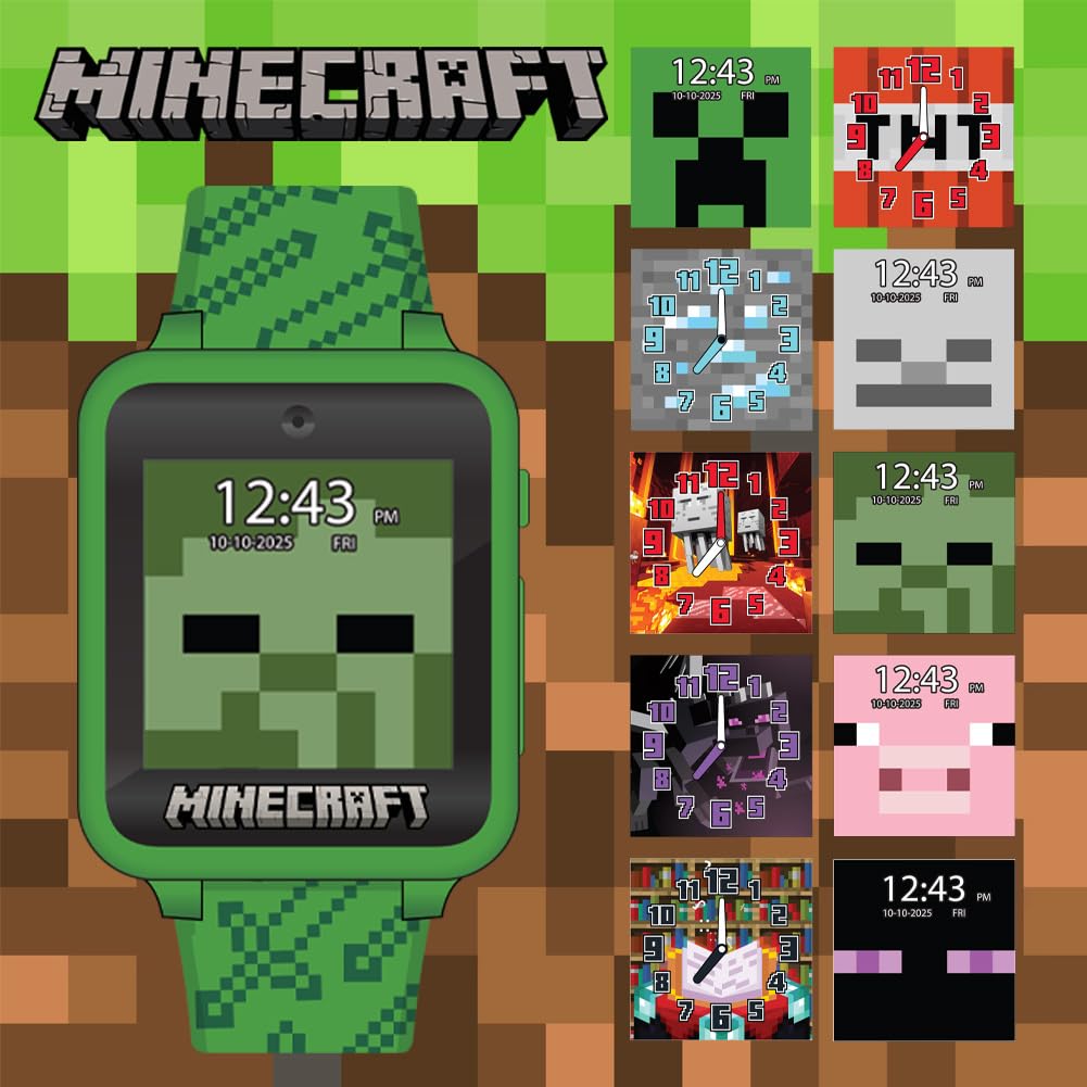 Minecraft Kids Smart Watch – Touchscreen Interactive Watch with 10 Customizable Clock Faces, Built-in Camera, Video Recorder, Alarm, Calculator, Games & Pedometer – Fits Wrists 5.5" to 8"