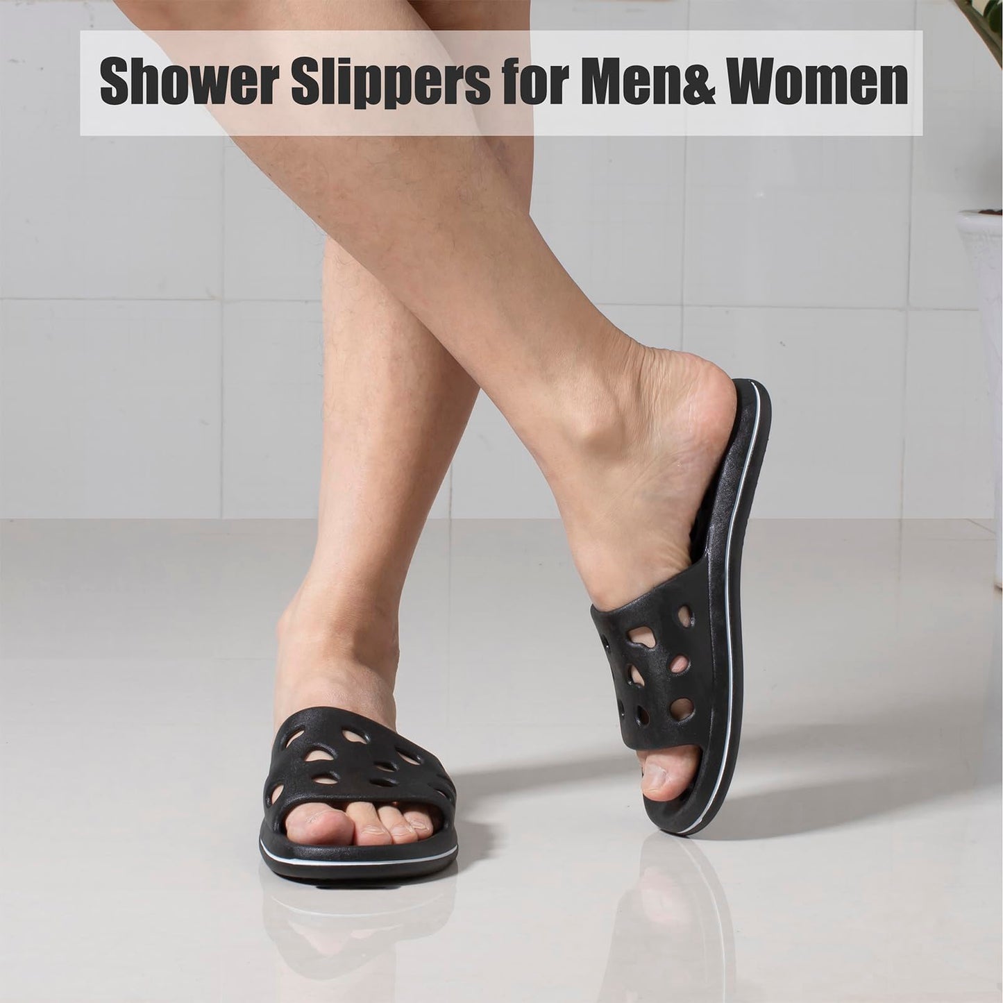 FINLEOO Shower Shoes for Women Men, Quick Drying Shower Sandals with Drain Holes Non-Slip Pool Slides Comfortable Lightweight House Slippers-Black