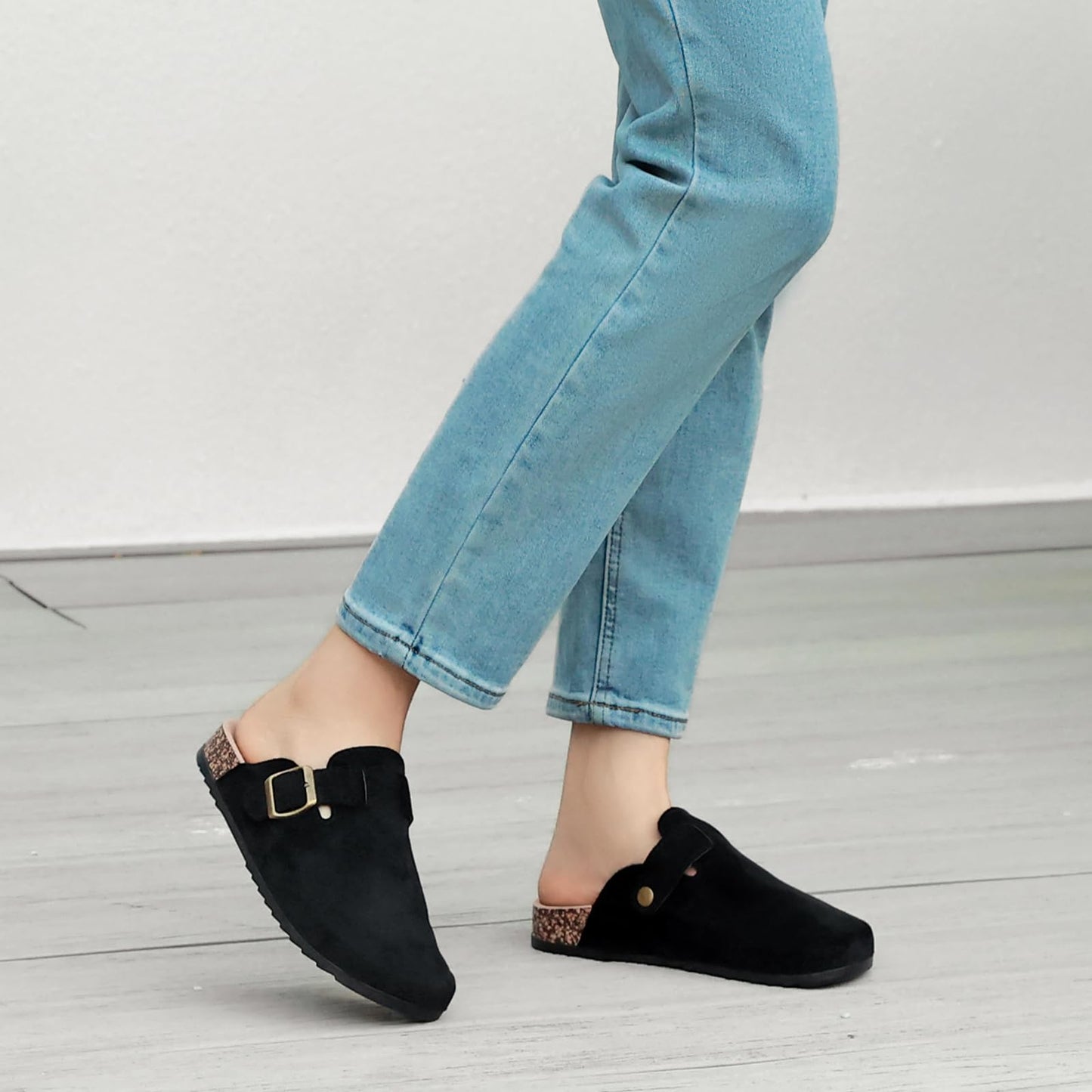 Women's Suede Clogs Mens Leather Mules Comfort Cork Footbed Antislip House Sandals Arch Support Potato Shoes with Adjustable Buckle Black