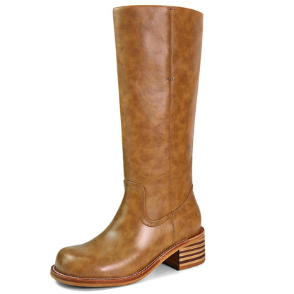 VBDB Brown Knee High Boots for Women Platform Square Toe Chunky Heel Wide Calf Campus Boots Tall Riding Long Boots Size 7.5