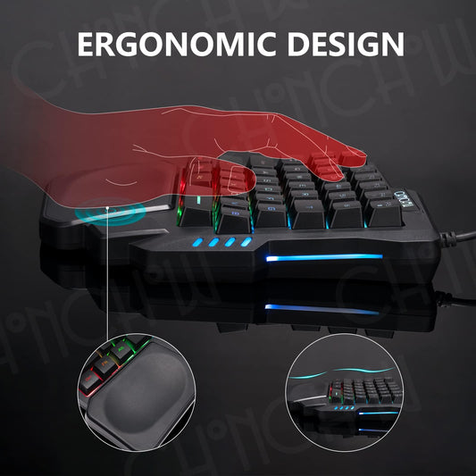 CHONCHOW One Handed Gaming Keyboard, 35 Keys, Rainbow LED, Wired USB, Ergonomic with Wrist Rest, Mini Portable, PS4/PS5/Xbox/PC/Laptop Compatible