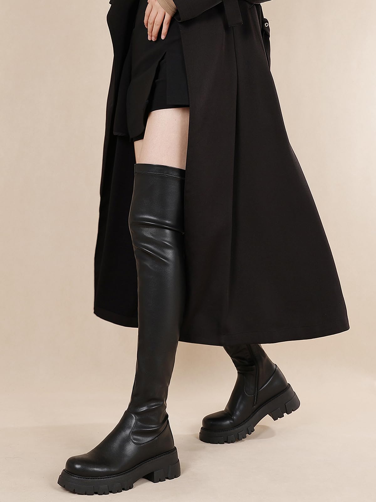 CouieCuies Black Thigh High Boots For Women Platform Over The Knee High Boots Lug Sole Comfortable Stretch Boots Low Heels Black 9