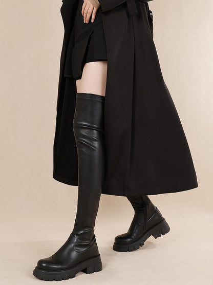 CouieCuies Black Thigh High Boots For Women Platform Over The Knee High Boots Lug Sole Comfortable Stretch Boots Low Heels Black 9