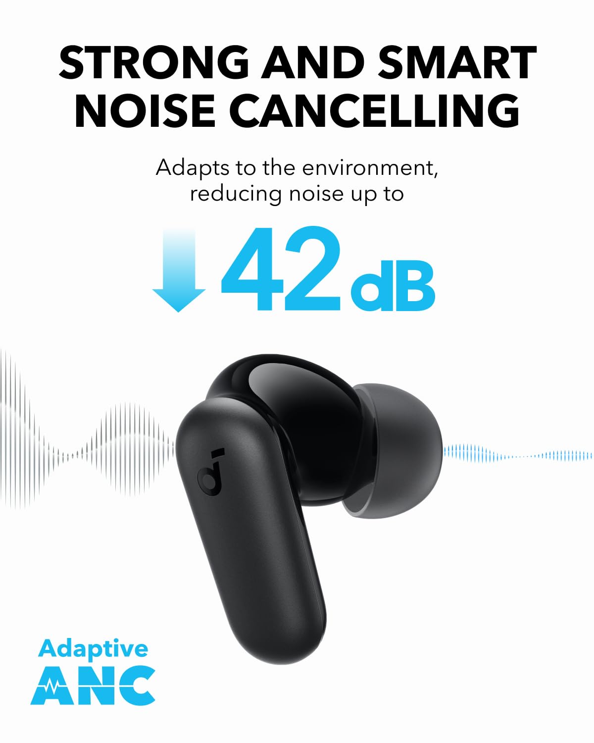 Soundcore P30i by Anker Noise Cancelling Earbuds, Strong and Smart Noise Cancelling, Powerful Bass, 45H Playtime, 2-in-1 Case and Phone Stand, IP54, Wireless Earbuds, Bluetooth 5.4 (Black)