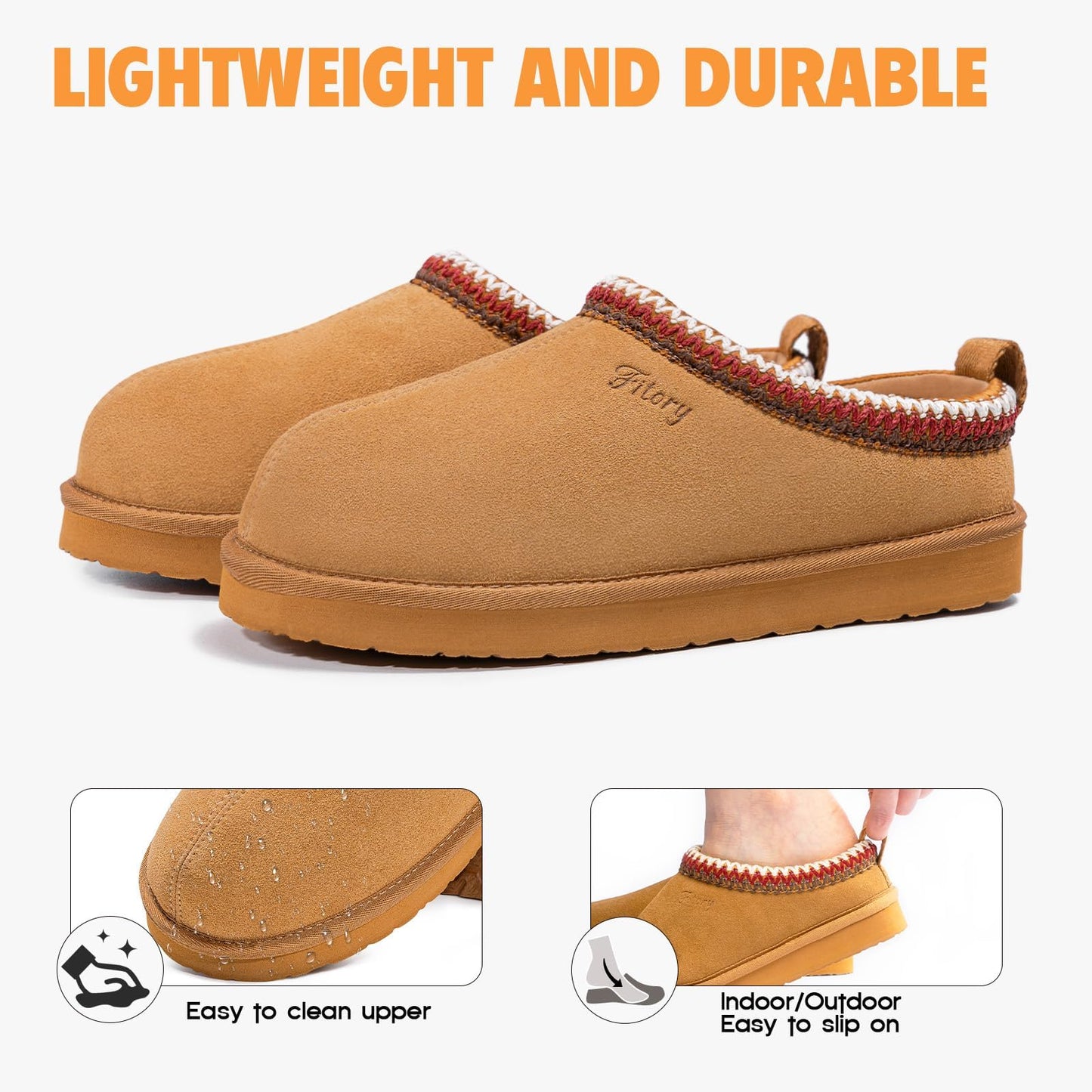 FITORY Women's Suede Slipper, Flat Slip On House Shoes with Faux Fur Lining Indoor Outdoor Short Mini Boots Khaki Size 8