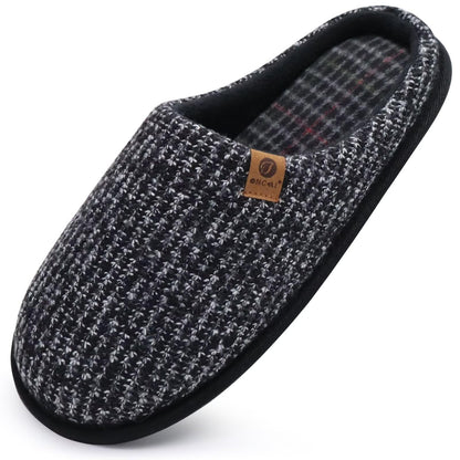 ONCAI Mens Black Knit Stripes Cozy Memory Foam scuff Slippers Slip On Warm House Shoes Indoor/Outdoor With Best Arch Surpport Size 10