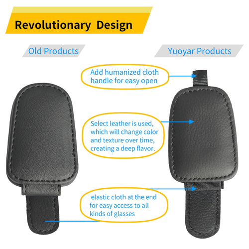 Yuoyar Sunglass Holder for Car, Magnetic Leather Sunglasses Holder and Ticket Card Clip, Car Visor Accessories, 2 Packs (Black)