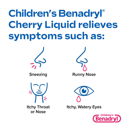 Benadryl Children's Allergy Relief Liquid Medicine with Diphenhydramine HCl Antihistamine for Kids, Effective Allergy Relief, Cherry Flavor, 8 fl. oz