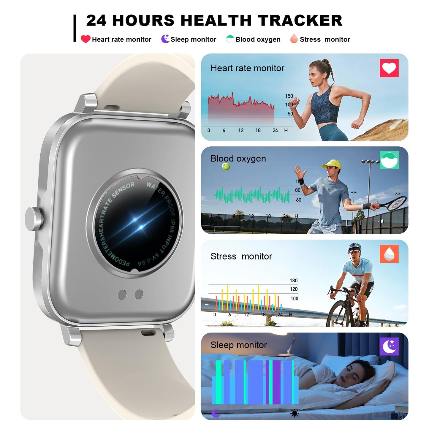 Smart Watch for Men Women Compatible with iPhone Samsung Android Phone 1.69 inch Full Touch Screen IP68 Waterproof Bluetooh Fitness Tracker Heart Rate/Sleep Monitor (Starlight)