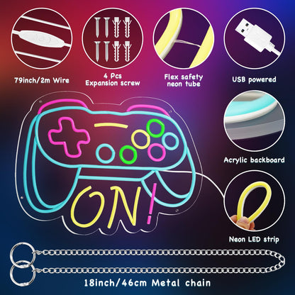 Gamer Neon Sign for Boys Gaming Room Bedroom Wall Decor, Gifts for Teen Kids, Video Game LED Light for Men, Gamepad Shaped Dimmable USB Powered Neon Lamp Game Room Accessories (16 X 12.5 inches)