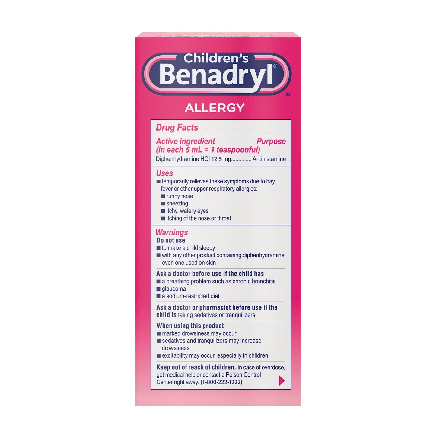 Benadryl Children's Allergy Relief Liquid Medicine with Diphenhydramine HCl Antihistamine for Kids, Effective Allergy Relief, Cherry Flavor, 8 fl. oz