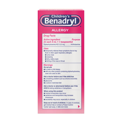 Benadryl Children's Allergy Relief Liquid Medicine with Diphenhydramine HCl Antihistamine for Kids, Effective Allergy Relief, Cherry Flavor, 8 fl. oz