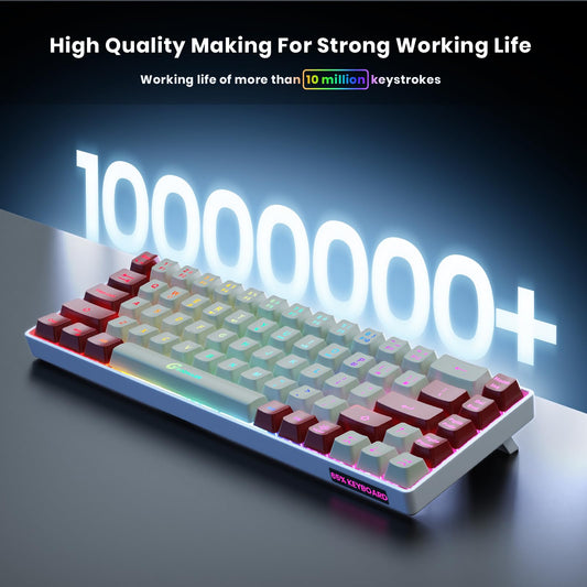 GEODMAER 65% Wireless Gaming Keyboard: LED Backlit, 68 Keys, Ultra-Compact, Anti-ghosting, No-Conflict Wireless Keyboard for PC Laptop Windows Gamer(White-Red)