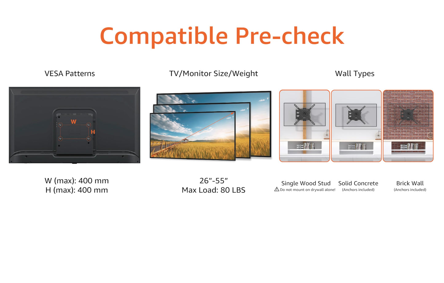 Amazon Basics Full Motion Articulating TV Wall Mount, with Swivel and Tilt, for 26" to 55" TVs and Flat Panels up to 80 Lbs, VESA Compatible, Black