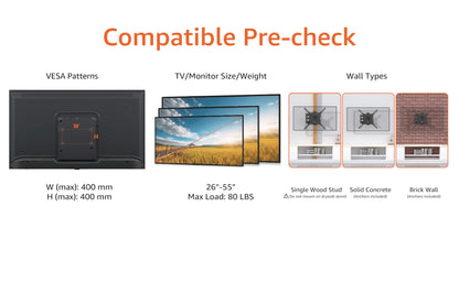 Amazon Basics Full Motion Articulating TV Wall Mount, with Swivel and Tilt, for 26" to 55" TVs and Flat Panels up to 80 Lbs, VESA Compatible, Black