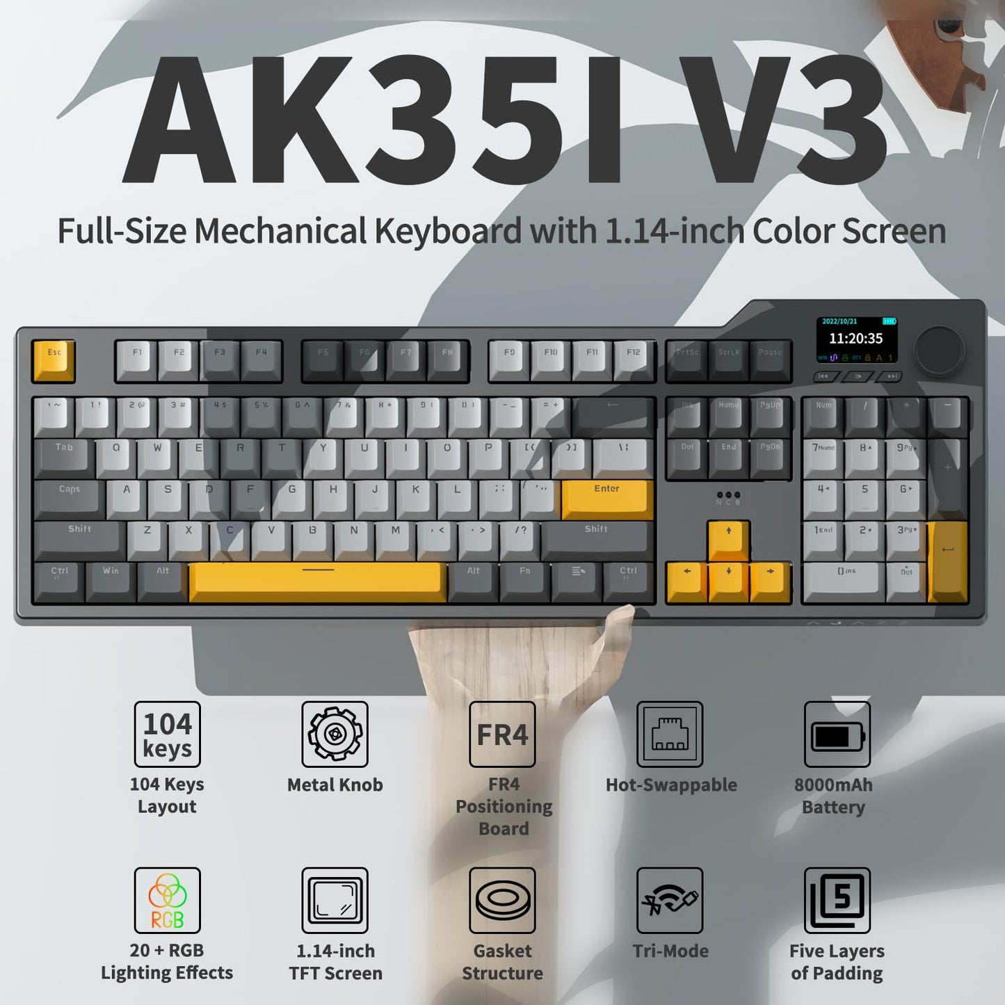 AK35I V3 Full Size RGB Gasket Mount Keyboard | 8000mAh Triple Modes Custom Keyboard with Five Layer Pad | Knob Control | Cherry Profile PBT Keycaps
