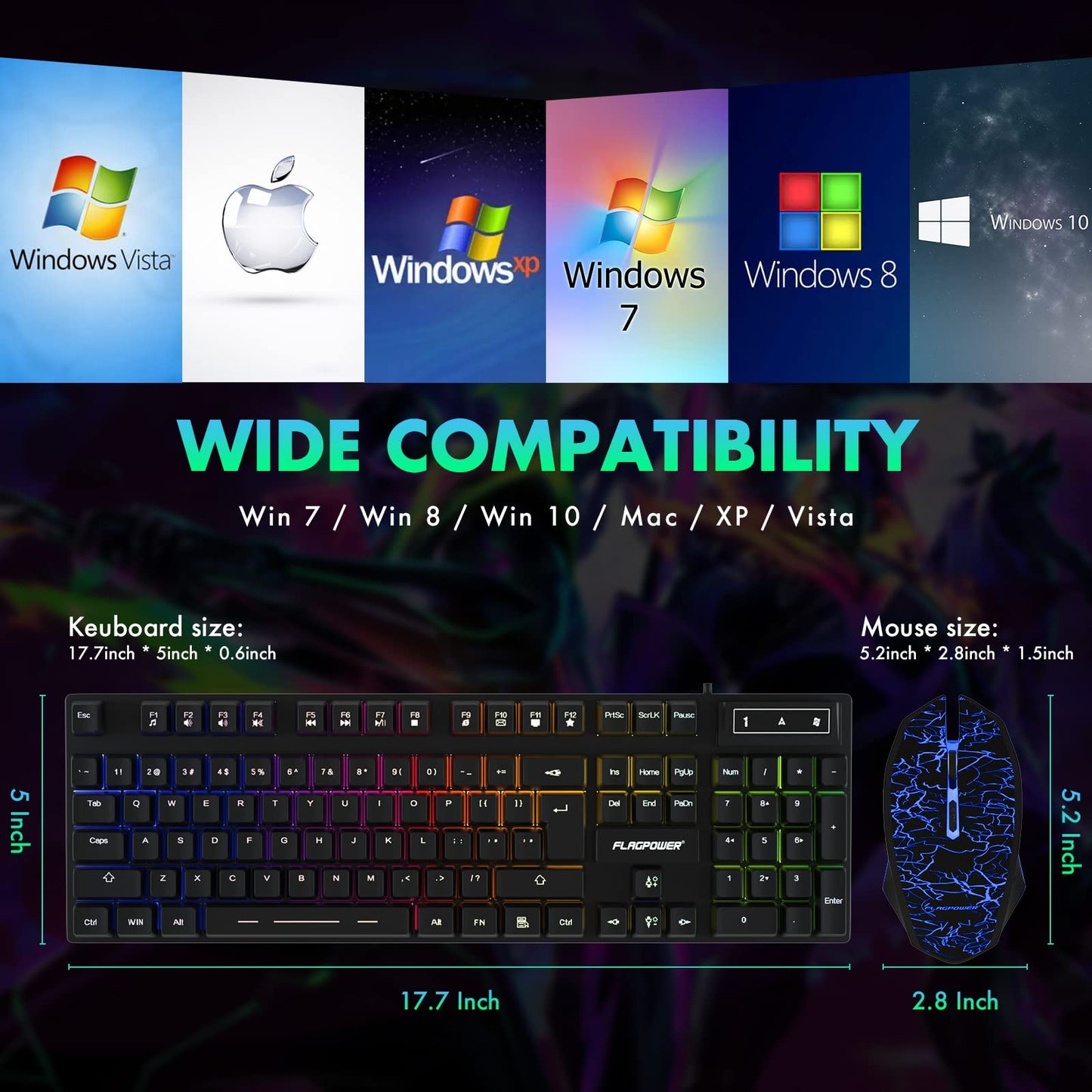 FLAGPOWER RGB Gaming Keyboard and Breathing Mouse Combo, Adjustable Breathing Backlit Mechanical Feeling Keyboard with 4 Colors 4800DPI Backlight Mouse for PC Laptop Computer Game and Work