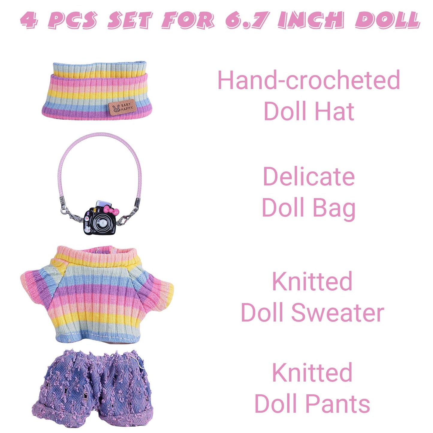 4pcs Handcrafted 15cm/17cm Doll Clothes Set for Labubu (No Doll), Cute and Premium Outfits Accessories, Hand Crocheted Hat, Sweaters, Skirt, Bag (Rainbow) AK052