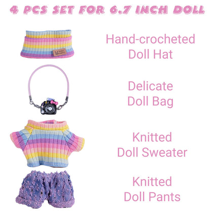 4pcs Handcrafted 15cm/17cm Doll Clothes Set for Labubu (No Doll), Cute and Premium Outfits Accessories, Hand Crocheted Hat, Sweaters, Skirt, Bag (Rainbow) AK052