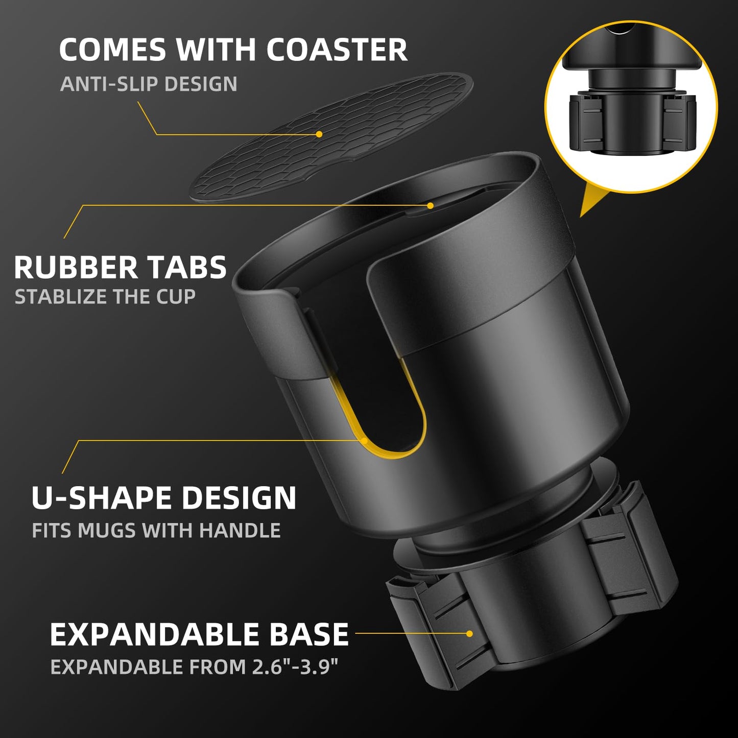 TYKOR Car Cup Holder Expander, Cup Holder Extender for Car with Adjustable Base, Fits Yeti 24/36/46oz, Hydroflask 32/40oz, Large Bottles in 3"-3.9" (16-40oz)