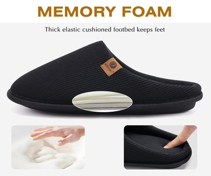 ONCAI Mens Slippers with Cushion Memory Foam Cotton-Blend High-Density Warm House Slippers for man 2025 Slip-on Indoor Outdoor Comfortable Best House Shoes Rubber Sole Black Size 10 US