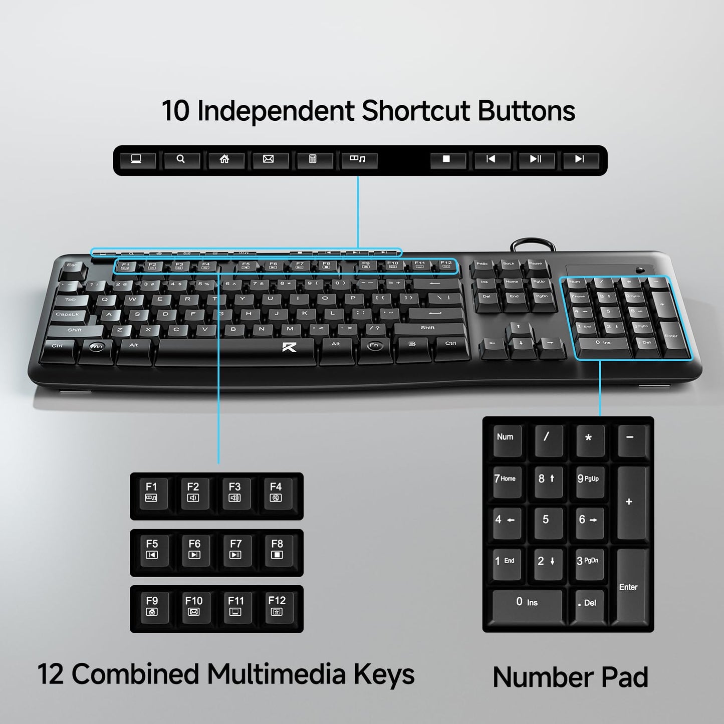 Redragon BK7366 Wired Keyboard,Multimedia USB Quiet Computer Keyboard,Silent Keyboard with Large Number Pad,Spill-Resistant,Anti-Wear Letters,Full Size for Laptop,Desktop