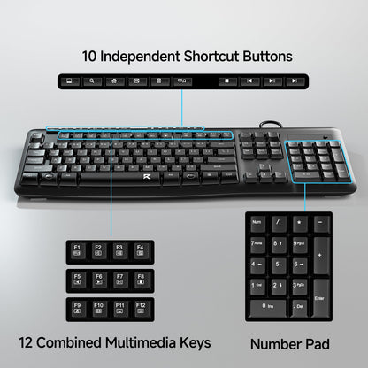 Redragon BK7366 Wired Keyboard,Multimedia USB Quiet Computer Keyboard,Silent Keyboard with Large Number Pad,Spill-Resistant,Anti-Wear Letters,Full Size for Laptop,Desktop