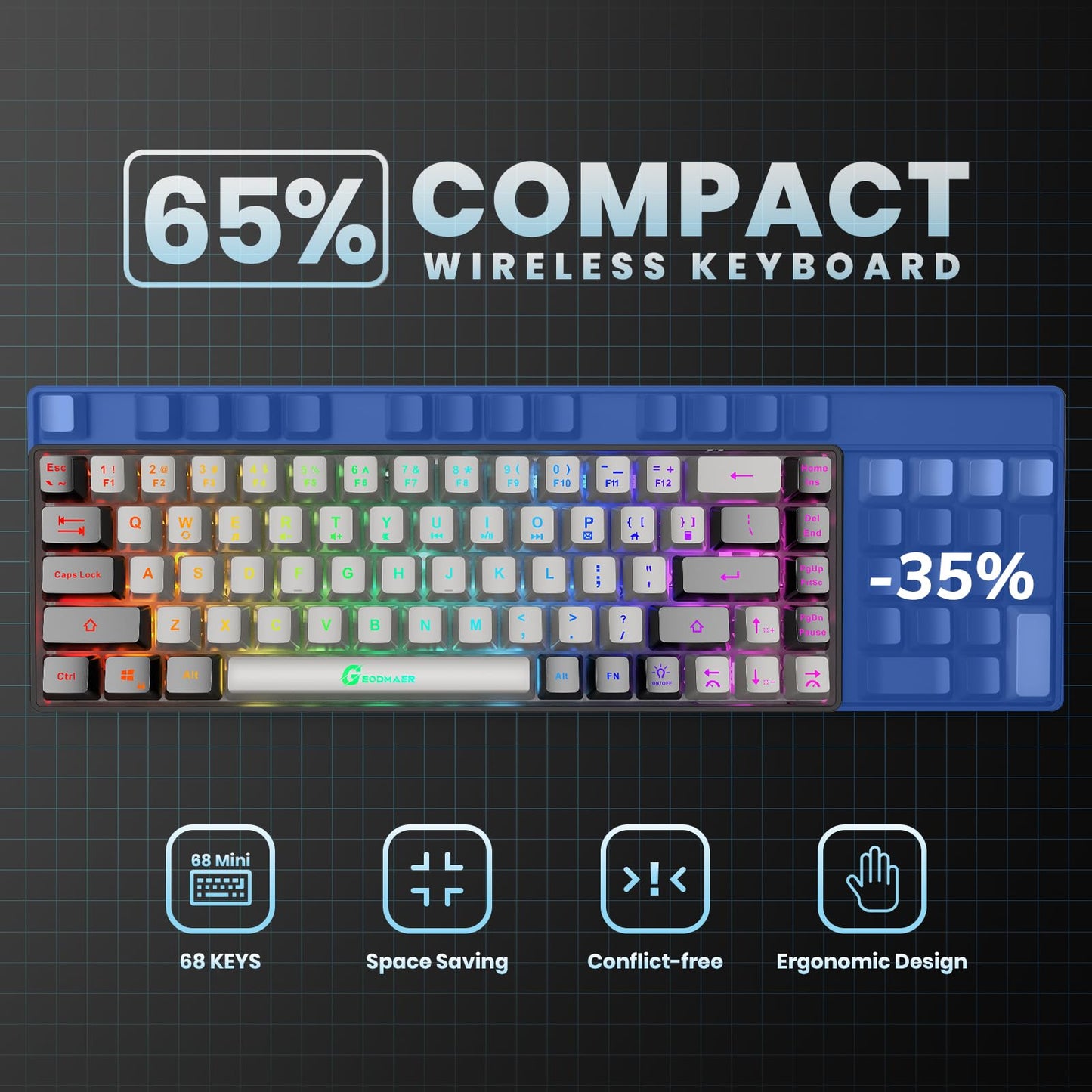 65% Wireless Gaming Keyboard, Rechargeable, LED Backlit, Plug-and-Play, Ultra-Compact Anti-ghosting No-Conflict Keyboard for PC Laptop Windows (Grey-Black)