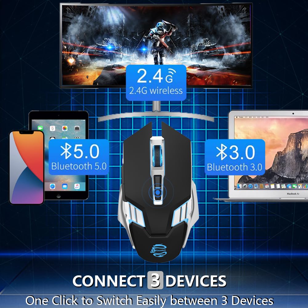 Bluetooth Mouse Wireless, Rechargeable, Multi-Device(2.4G/BT5.0/BT3.0), 7 Buttons, Silent Click, Ergonomic, 7-Color Backlit, LED Light up Mice for Laptop, Computer, Mac, PC, Chromebook - Black