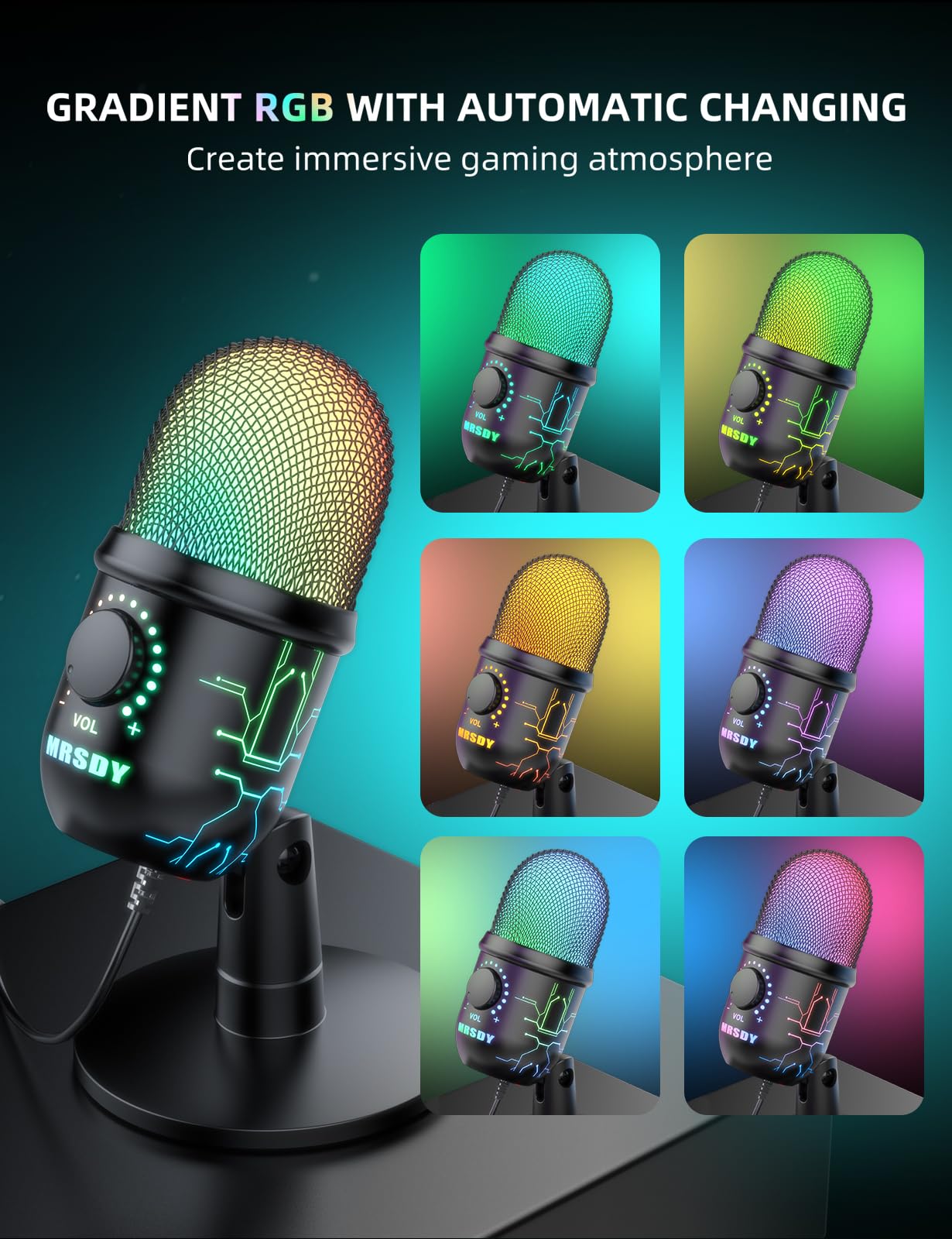 MRSDY Gaming Microphone, USB Computer Microphone for PC, Mac, PS4/5, Condenser Podcast Mic for Studio Recording, YouTube, Streaming, with Headphone Jack, Led Light, Mute, Gain, Noise Cancellation