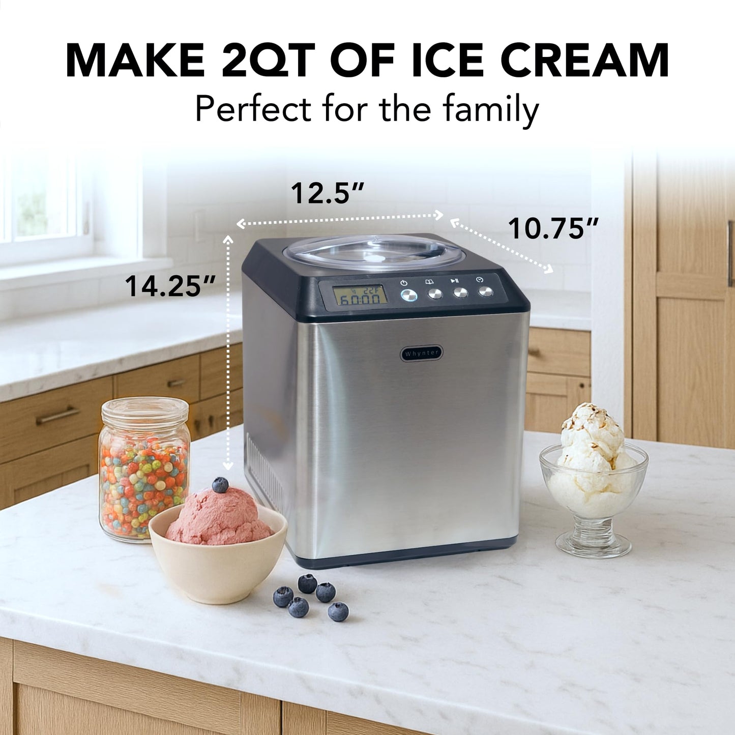 Whynter Ice Cream Maker Machine Automatic 2.1 Qt. Upright with Built-In Compressor, LCD Digital Display & Timer, No Pre-Freezing, ICM-201SB, Stainless Steel