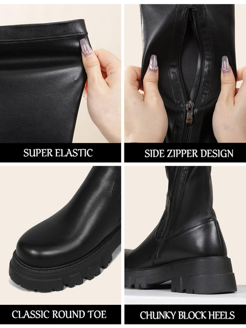 CouieCuies Black Thigh High Boots For Women Platform Over The Knee High Boots Lug Sole Comfortable Stretch Boots Low Heels Black 9