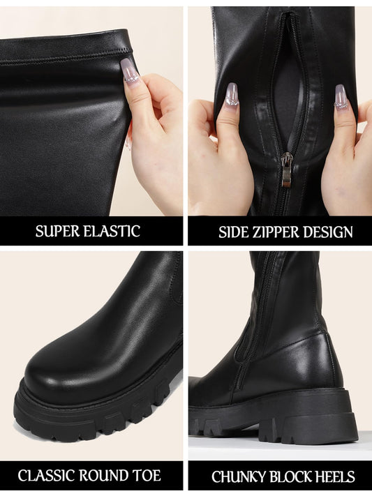 CouieCuies Black Thigh High Boots For Women Platform Over The Knee High Boots Lug Sole Comfortable Stretch Boots Low Heels Black 9