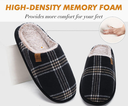 COFACE Mens Black Flano Plaid Cozy Memory Foam scuff Slippers Slip On Warm House Shoes Indoor/Outdoor With Best Arch Support Size 11