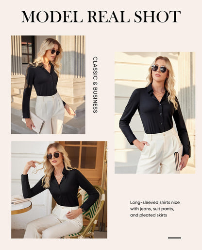 siliteelon Button Down Shirts for Women Slim fit Long Sleeve Stretch Dress Shirts Work Shirt Wrinkle Free Office Blouses Black Medium
