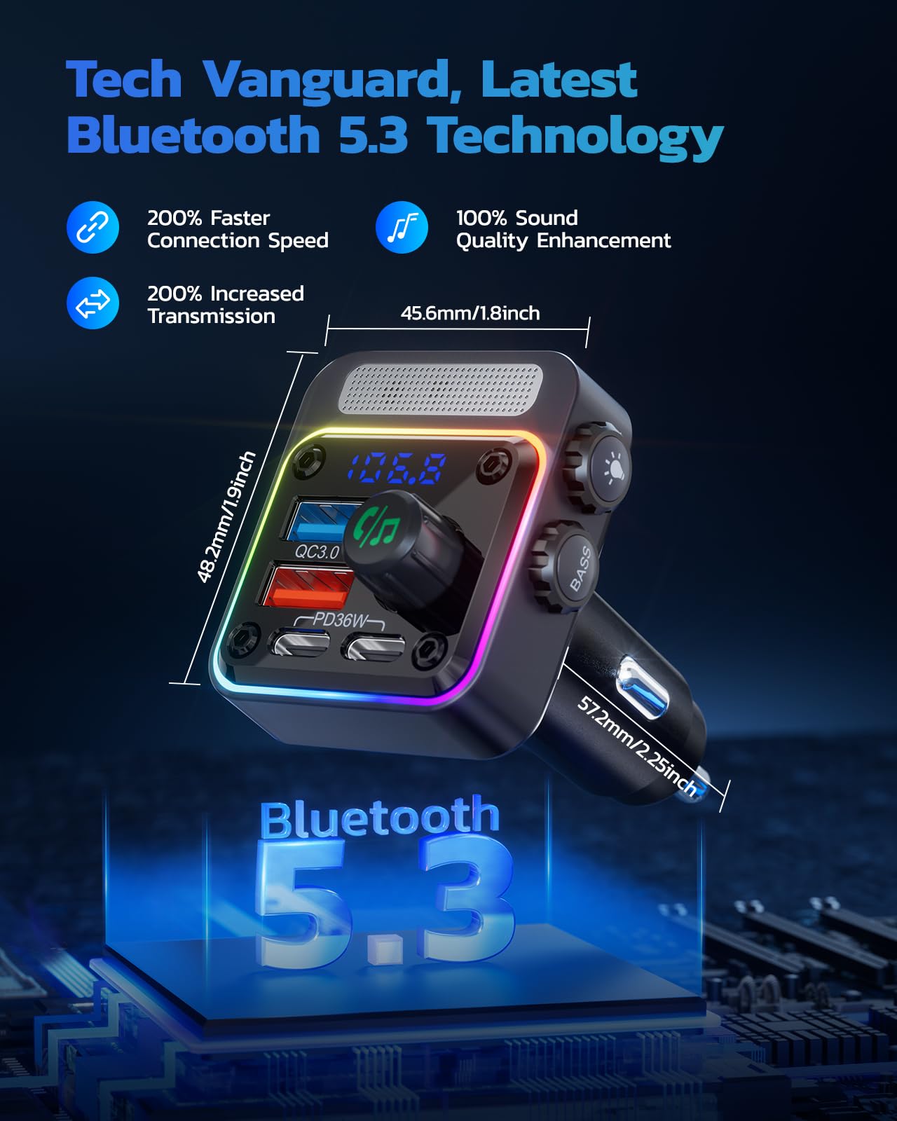 Nulaxy 54W Bluetooth 5.3 Car Adapter Charger 4-Port Fast Charging [PD36W & QC3.0 18W], Wireless Radio FM Transmitter with Deep Bass Player, 5 Colors LED Backlit, Hands-Free Calling, Support USB Drive