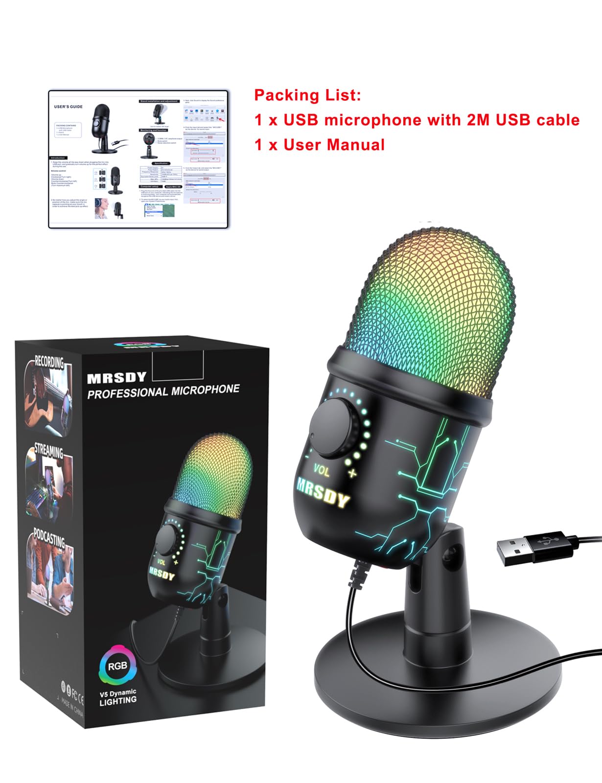 MRSDY Gaming Microphone, USB Computer Microphone for PC, Mac, PS4/5, Condenser Podcast Mic for Studio Recording, YouTube, Streaming, with Headphone Jack, Led Light, Mute, Gain, Noise Cancellation