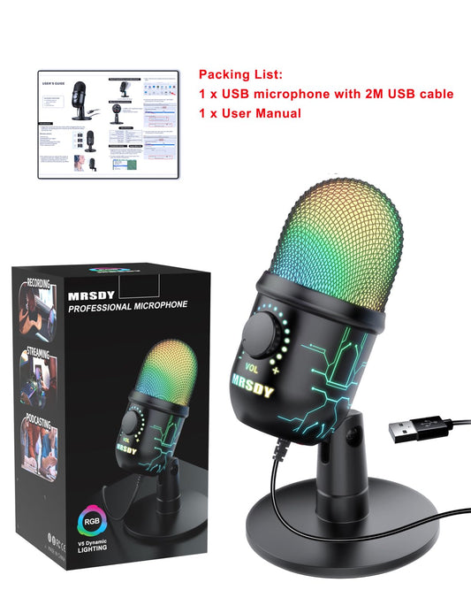 MRSDY Gaming Microphone, USB Computer Microphone for PC, Mac, PS4/5, Condenser Podcast Mic for Studio Recording, YouTube, Streaming, with Headphone Jack, Led Light, Mute, Gain, Noise Cancellation