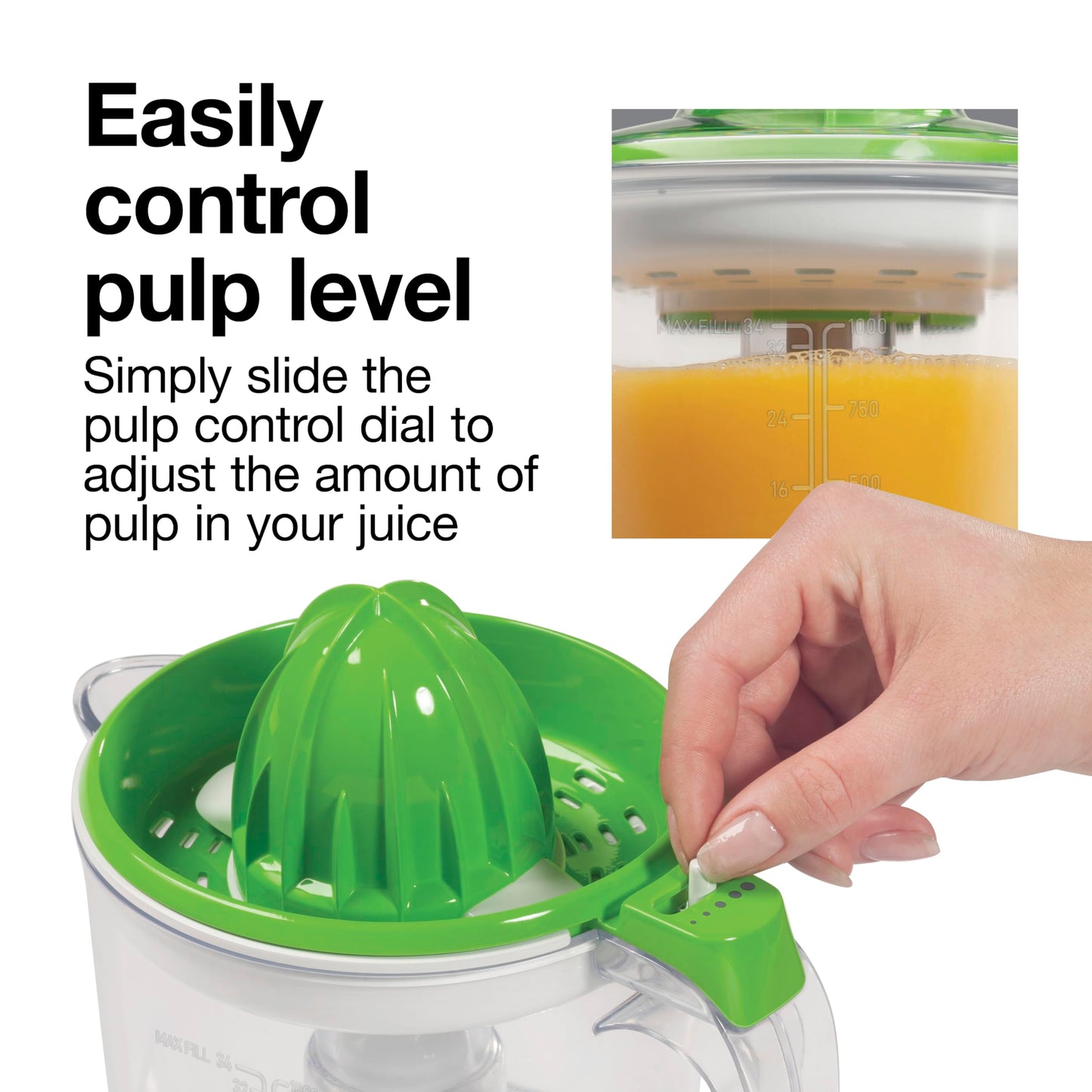 Proctor Silex Electric Citrus Juicer Machine, Large 34 oz. Pitcher, Pressure Activated, 2 Reamers for Big and Small Fruit, Pulp Control, for Orange, Lemon, Grapefruit Juice, White & Green (66340)