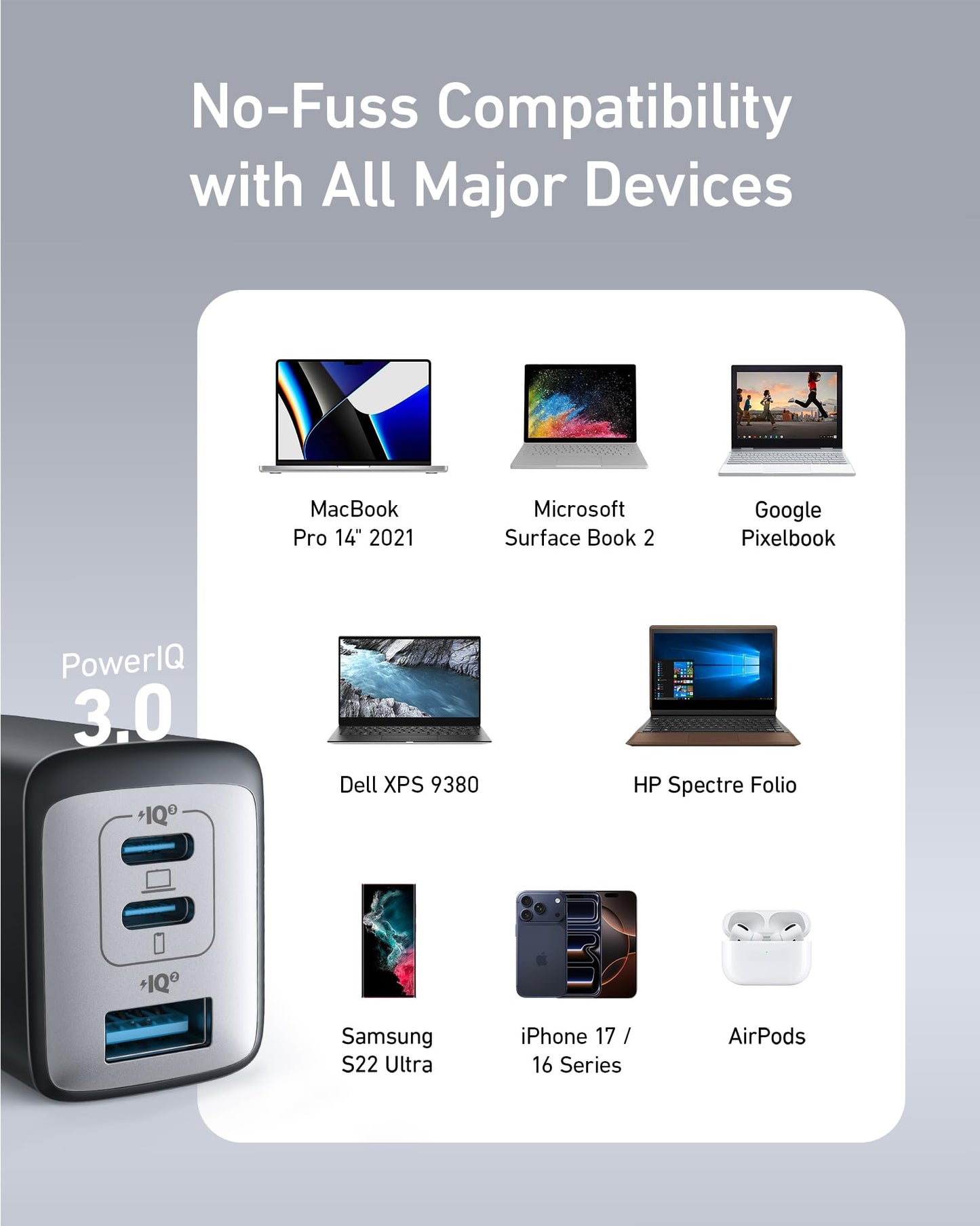 Anker USB C Charger(Nano II 65W), PPS 3-Port Fast Compact Foldable Wall Charger for MacBook Pro/Air, iPad Pro, Galaxy S20, Dell XPS 13, Note 20/10+, iPhone 17/17 Pro, Steam Deck, and More