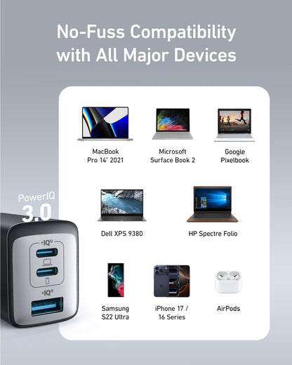Anker USB C Charger(Nano II 65W), PPS 3-Port Fast Compact Foldable Wall Charger for MacBook Pro/Air, iPad Pro, Galaxy S20, Dell XPS 13, Note 20/10+, iPhone 17/17 Pro, Steam Deck, and More
