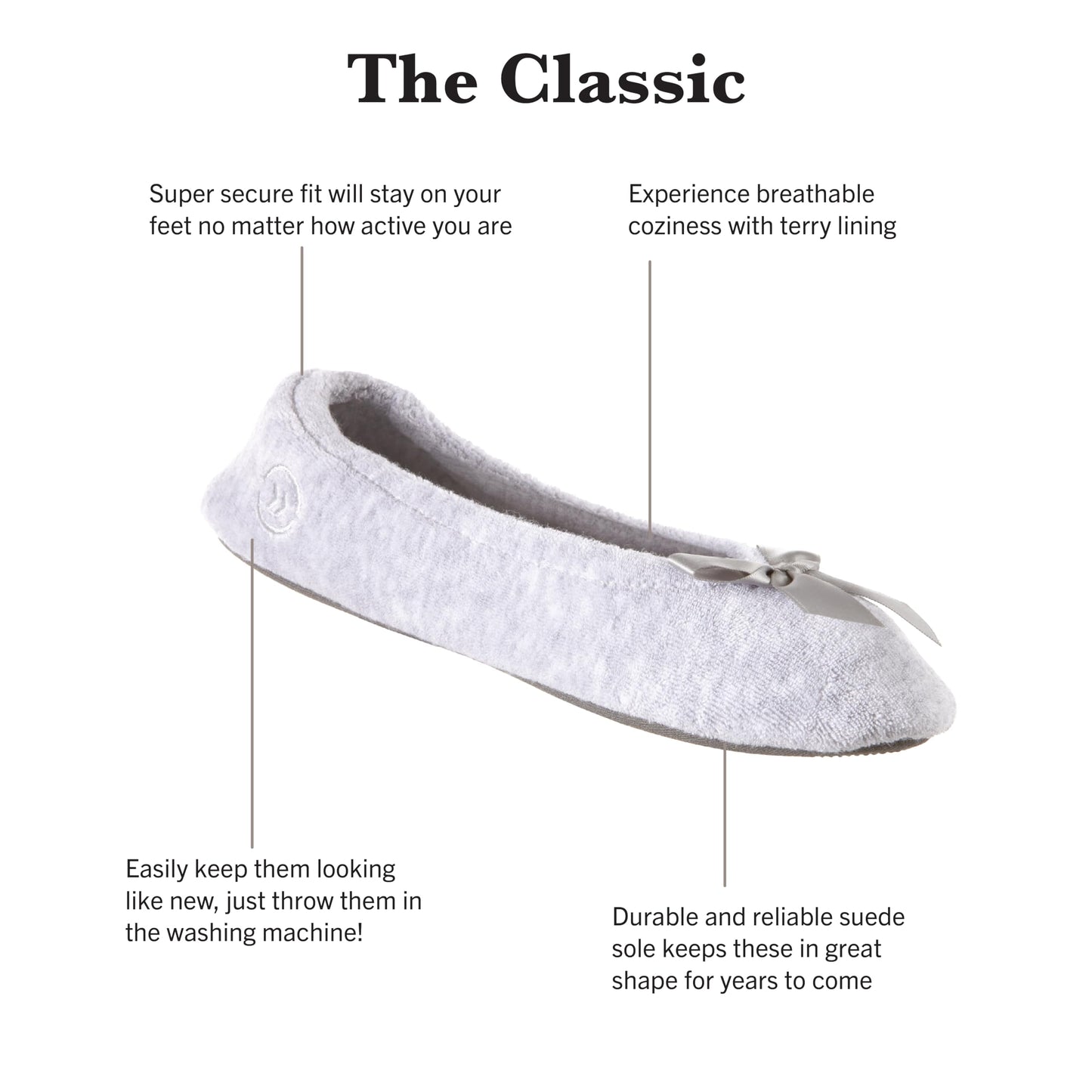 isotoner Women's 2 Pack Microterry Ballerina Slippers with Satin Bow, Suede Sole, and Terry Lining , Periwinkle Quilted/Ash Solid, 8-9