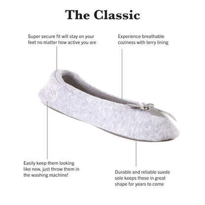 isotoner Women's 2 Pack Microterry Ballerina Slippers with Satin Bow, Suede Sole, and Terry Lining , Periwinkle Quilted/Ash Solid, 8-9