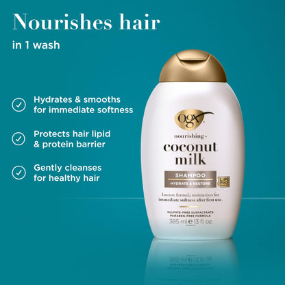 OGX Nourishing + Coconut Milk Moisturizing Shampoo, Hydrating & Restoring Shampoo Moisturizes for Soft Hair After the First Use, Paraben-Free, Sulfate-Free Surfactants, 13 fl. oz