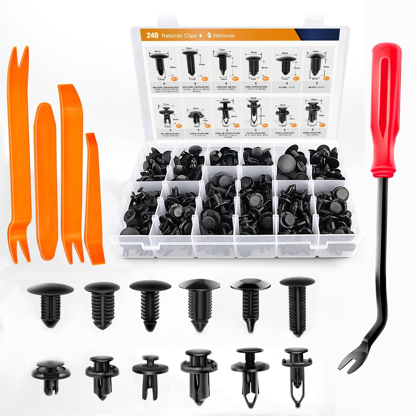 GOOACC - GRC-33 240PCS Bumper Retainer Clips Car Plastic Rivets Fasteners Push Retainer Kit Most Popular Sizes Auto Push Pin Rivets Set -Door Trim Panel Fender Clips for GM Ford Toyota Honda Chrysler